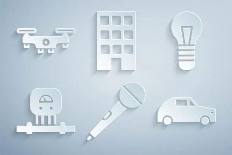 Set Microphone, Light bulb, Smart sensor, Car, House and Drone flying icon Stock Illustration