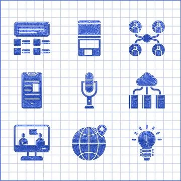 Set Microphone, Location the globe, Light bulb with concept of idea, Cloud or Stock Illustration