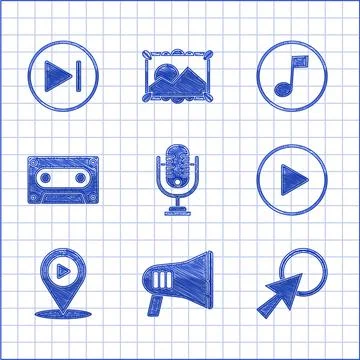 Set Microphone, Megaphone, Arrow cursor, Play in circle, Digital media play with Stock Illustration