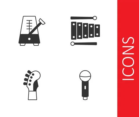 Set Microphone, Metronome with pendulum, Guitar neck and Xylophone icon. Vector 스톡 일러스트