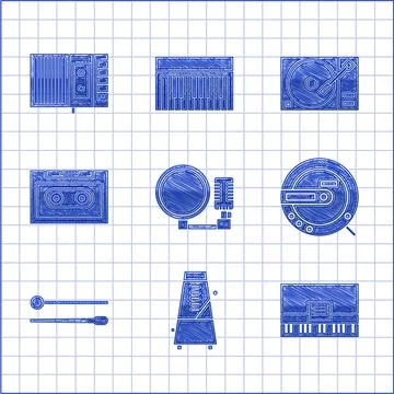 Set Microphone, Metronome with pendulum in motion, Piano, Music CD player, Drum Stock Illustration
