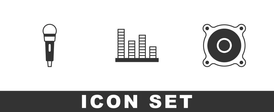Set Microphone, Music equalizer and Stereo speaker icon. Vector イラスト素材