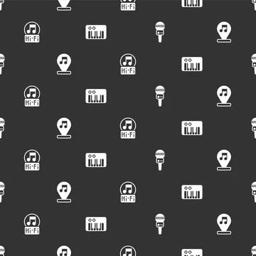 Set Microphone, Music note, tone,  and synthesizer on seamless pattern. Vecto Stock Illustration