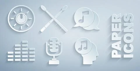 Set Microphone, Musical note in speech bubble, equalizer, human head, Drum .. Stock Illustration