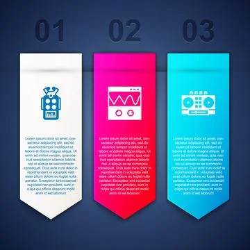 Set Microphone, Oscilloscope and DJ remote and mixing music. Business infogra Stock Illustration