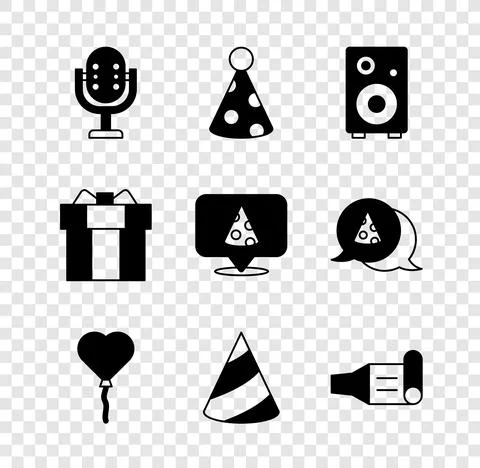 Set Microphone, Party hat, Stereo speaker, Balloons in form of heart, Birthday イラスト素材