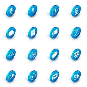 Set Microphone, Pause button, Digital media play with location, Speech bubble Illustrazione stock