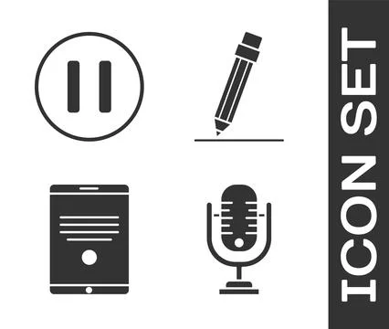 Set Microphone, Pause button, Tablet and Pencil with eraser icon. Vector Stock Illustration
