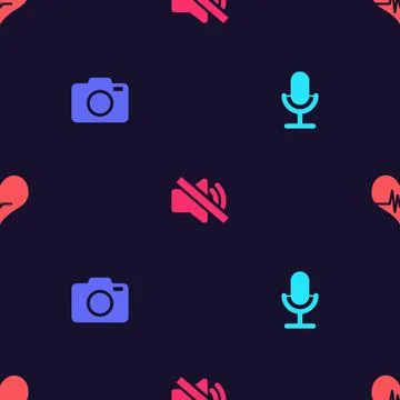 Set Microphone, Photo camera, Speaker mute and Heart rate on seamless pattern Stock Illustration