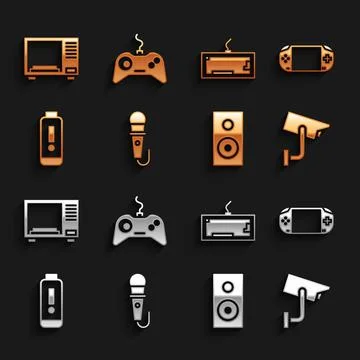 Set Microphone, Portable video game console, Security camera, Stereo speaker Stock Illustration