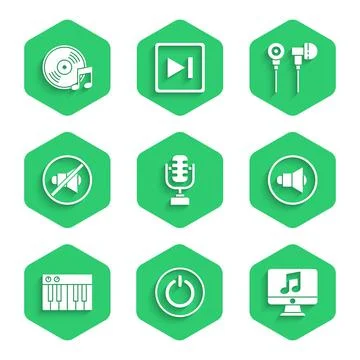 Set Microphone, Power button, Computer with music note, Speaker volume, Music Illustrazione stock