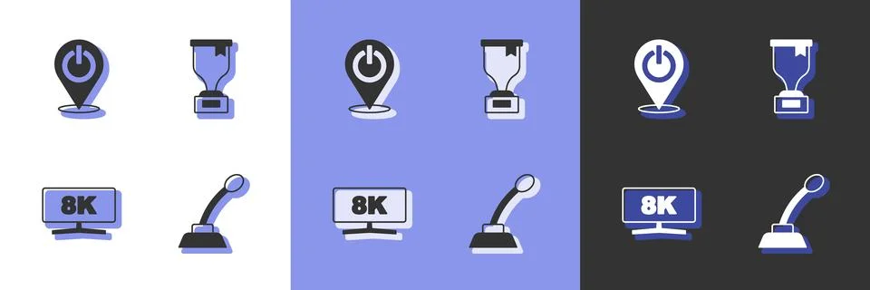 Set Microphone, Power button, Computer monitor and Award cup icon. Vector Stock Illustration