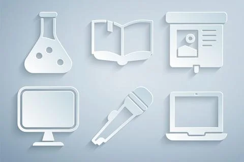 Set Microphone, Projection screen, Computer monitor, Laptop, Open book and Test 库存插图