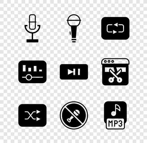 Set Microphone, Repeat button, Arrow shuffle, Mute microphone, MP3 file, Music Illustrazione stock