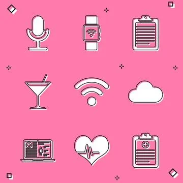 Set Microphone, Smartwatch with wireless, Clipboard document, Martini glass.. Stock Illustration