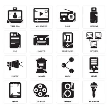 Set of Microphone, Speaker, Tablet, Share, Protest, Music player, File, Radio Illustrazione stock gratuita