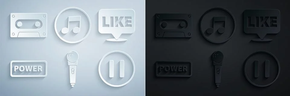 Set Microphone, Like in speech bubble, Power button, Pause, Music note, tone and イラスト素材