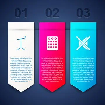 Set Microphone with stand, Drum machine and Speaker mute. Business infographic Illustrazione stock