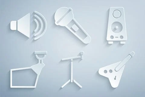 Set Microphone with stand, Stereo speaker, Movie spotlight, Electric bass guitar Ilustração Stock