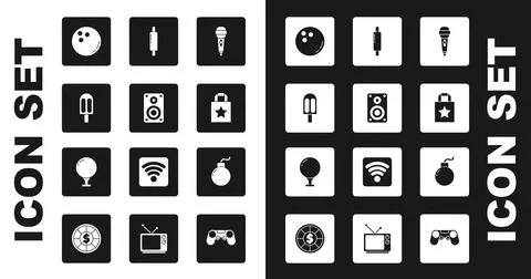 Set Microphone, Stereo speaker, Ice cream, Bowling ball, Paper shopping bag 스톡 일러스트