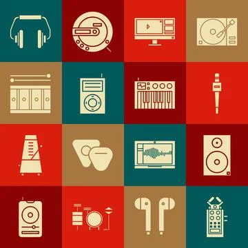 Set Microphone, Stereo speaker, Video recorder or editor software monitor, Music 스톡 일러스트