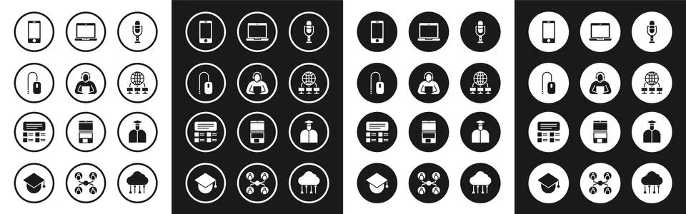 Set Microphone, Student, Computer mouse, Mobile, network, Laptop, and Online Stock Illustration