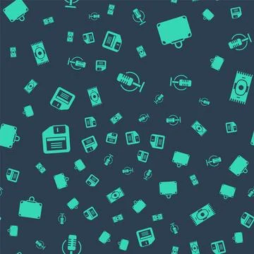 Set Microphone Suitcase Floppy disk and Classic carpet on seamless pattern. V Stock Illustration