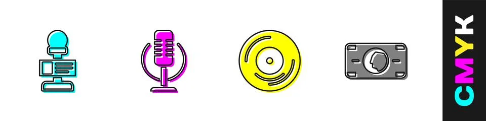 Set Microphone, Vinyl disk and Stacks paper money cash icon. Vector Illustrazione stock