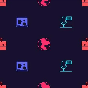 Set Microphone voice device, Foreign language online study, Earth globe and.. Stock Illustration