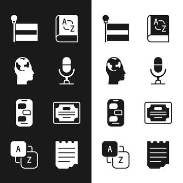 Set Microphone voice device, Learning foreign languages, Flag, Translator boo Illustrazione stock
