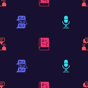 Set Microphone voice device, Speech bubble chat, Translator book and Two si.. Illustrazione stock