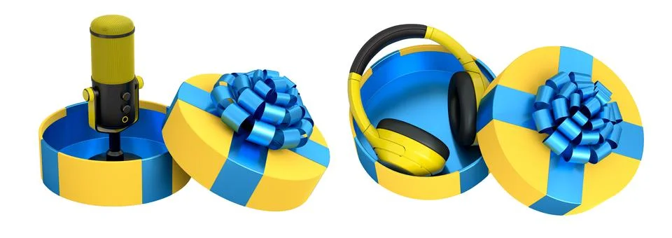 Set of microphones placed inside gift boxes with large bows, glossy style, .. Stock-Illustration