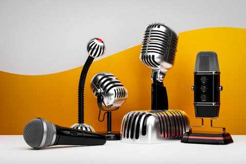 A set of microphones in a realistic background, 3d illustration. Live show, m Stock Illustration
