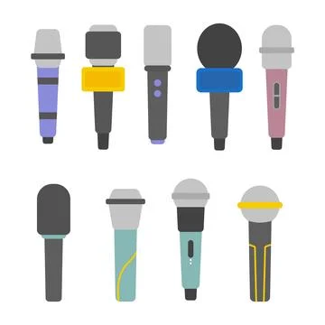 Set of microphones set collection for Mass media reporters with mic recorde.. Stock Illustration