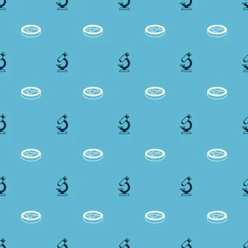 Set Microscope and Petri dish with bacteria on seamless pattern. Vector Stock Illustration