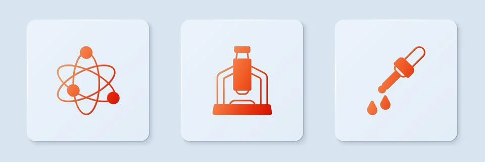 Set Microscope, Atom and Pipette. White square button. Vector Stock Illustration
