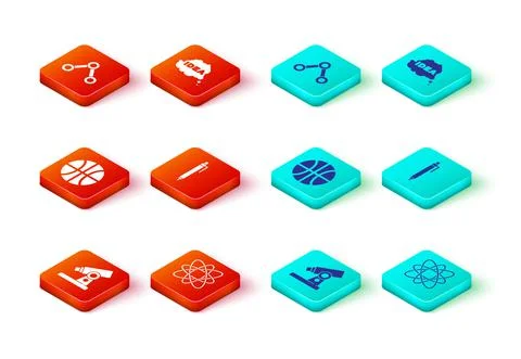 Set Microscope, Atom, Basketball ball, Pen, Idea, speech bubble and Molecule Stock Illustration