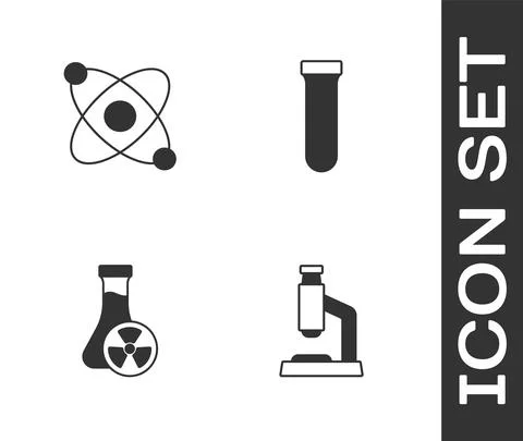 Set Microscope, Atom, Test tube with toxic liquid and icon. Vector Stockillustratie