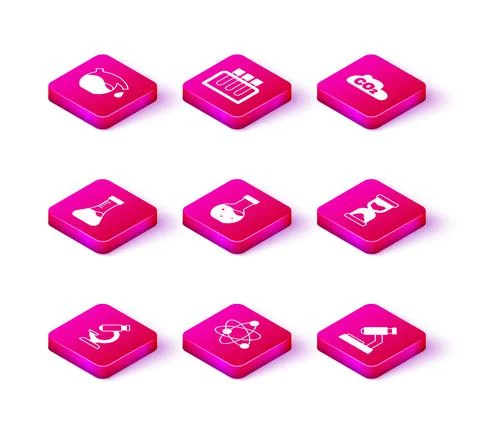 Set Microscope, Atom, Test tube, Old hourglass, CO2 emissions in cloud and icon Stock Illustration
