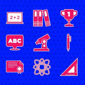 Set Microscope, Atom, Triangular ruler, Pen, Certificate template, Alphabet Illustrazione stock