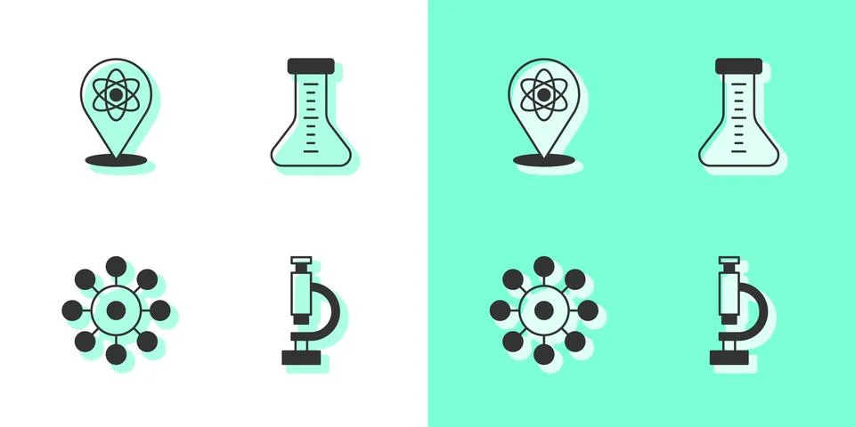 Set Microscope, Atom, Virus and Test tube icon. Vector 스톡 일러스트