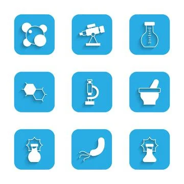 Set Microscope, Bacteria, Explosion in the flask, Mortar and pestle, Chemical Stock Illustration
