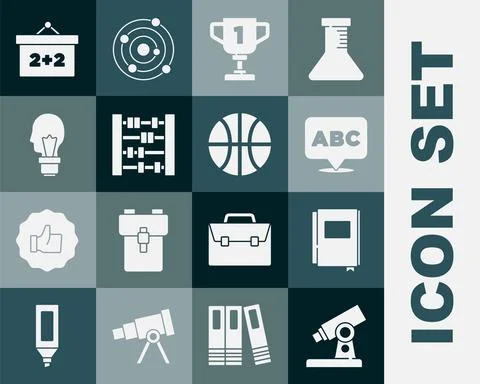 Set Microscope, Book, Alphabet, Award cup, Abacus, Light bulb with concept of Stock Illustration