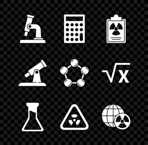 Set Microscope, Calculator, Radiation warning document, Test tube and flask イラスト素材