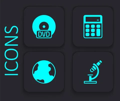 Set Microscope, CD or DVD disk, Calculator and Earth globe icon. Black square Illustrazione stock