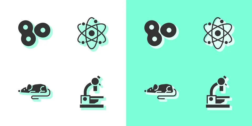 Set Microscope, Cell division, Experimental mouse and Atom icon. Vector Stock Illustration