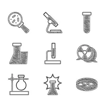 Set Microscope, Chemical explosion, Petri dish with bacteria, Radioactive, Test Stock Illustration