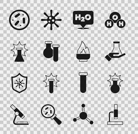 Set Microscope, Chemical explosion, Test tube and flask, formula for H2O, Petri 스톡 일러스트