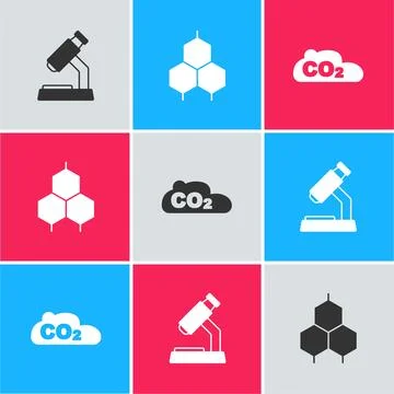 Set Microscope, Chemical formula and CO2 emissions in cloud icon. Vector Stock Illustration