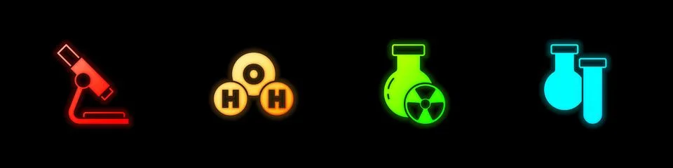 Set Microscope, Chemical formula for H2O, Test tube radiation and and flask icon Illustrazione stock